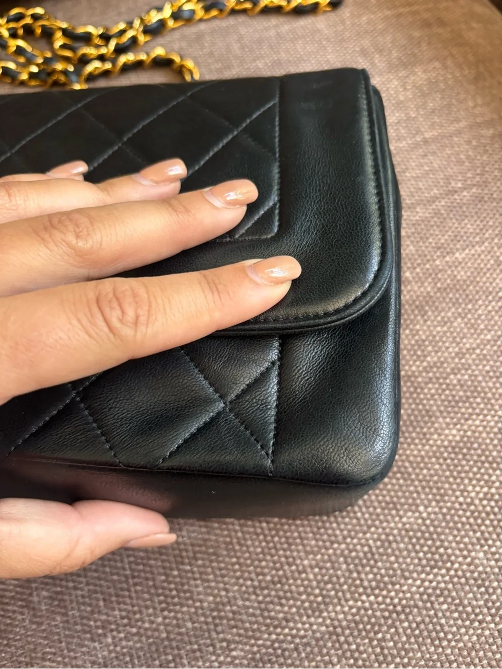 Authentic CHANEL Rare 24k gold black lambskin leather Diana bag